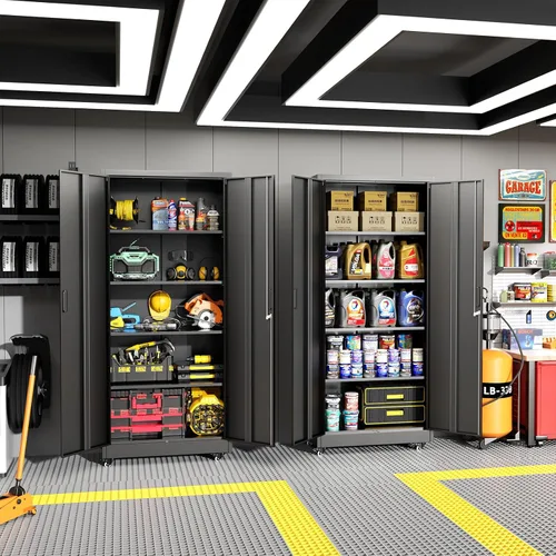 Vista 2 de Greenvelly Armario de almacenamiento de metal de 73 pulgadas con ruedas, gabinete de metal negro con cerradura con 2 puertas y 4 estantes