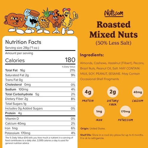 Vista 2 de Nuts com Nueces mixtas tostadas 50% menos de sal, 14 onzas – Nueces surtidas con almendras, anacardos, nueces pecanas, nueces de Brasil y avellanas