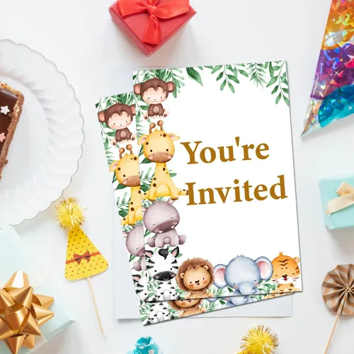 Vista 5 de Soiceu Safari Wild One - Invitaciones de primer cumpleaños con sobres, juego de 20 animales de la selva para niño