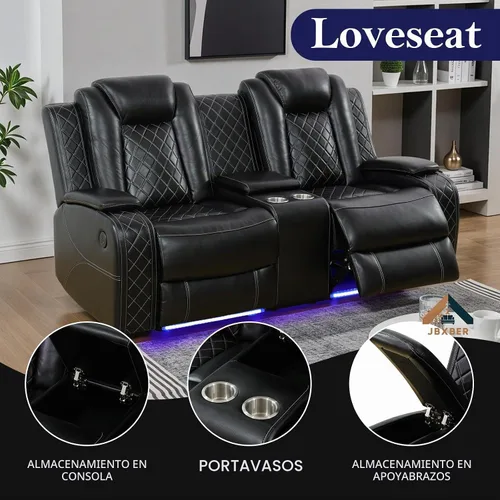 Vista 5 de Juego de sofá reclinable eléctrico para sala de estar, juego de sofá reclinable de cuero con luz LED, soporte para tazas, almacenamiento de consola