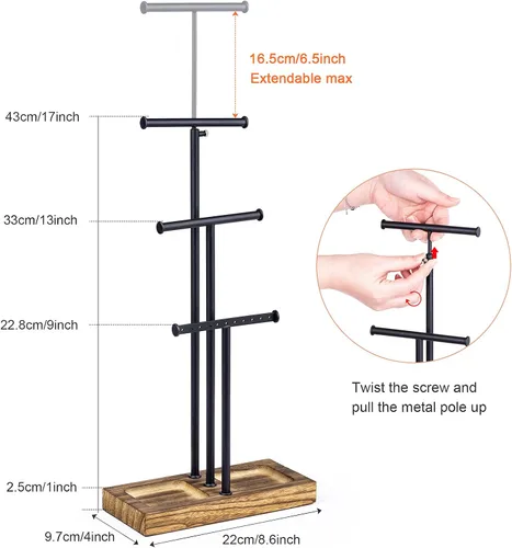 Vista 5 de Love-KANKEI Soporte organizador de joyas con base de metal y madera y almacenamiento grande para collares, pulseras, aretes, organizador negro