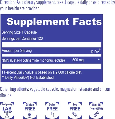 Vista 4 de UpNourish NMN 500 mg 120 cápsulas – Suplemento beta nicotinamida mononucleótido NAD – alternativa de ribósido de nicotinamida para mujeres y hombres