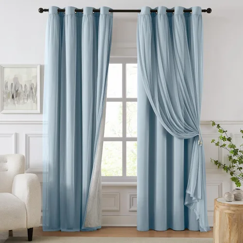 Vista 14 de cortinas 100% opacas para dormitorio, cortinas rosadas de doble capa, cortina oscura de 96 pulgadas de largo con superposición transparente