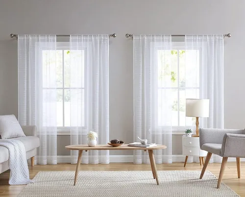 Vista 8 de Laura Ashley Cortinas traslúcidas blancas con bolsillo para barra, cada panel mide 38 pulgadas de ancho x 84 pulgadas de largo, Lehman, 4 paneles