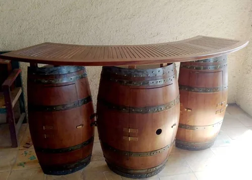 Vista 2 de MGP Barril de vino de madera de roble con barra plegable de madera de teca de 6 pies, 72 pulgadas de largo x 24 pulgadas de profundidad x 42