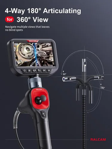 Vista 3 de Ralcam Boroscopio articulado de doble lente de 360°, cámara endoscopio HD de 4 vías de 5 pulgadas con zoom ligero 4X, cámara de inspección