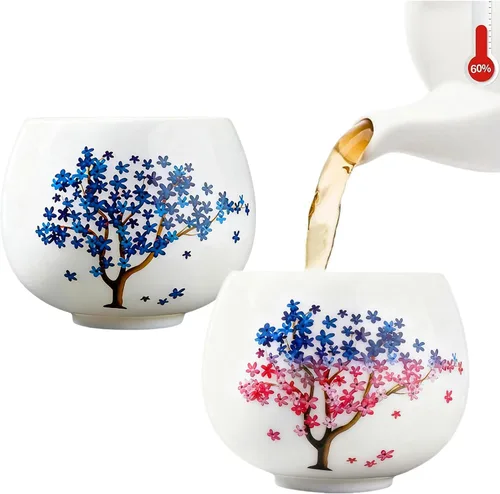 Vista 9 de Taza de té con flores de cerezo cambiantes sensibles al calor, 4.4 onzas, azul Estilo japonés, cambio de color, apto para lavavajillas, para té