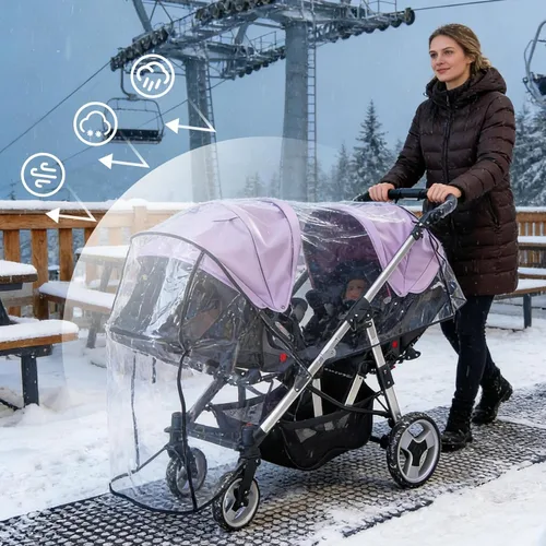 Vista 3 de Funda de lluvia doble para cochecito, protector universal contra la intemperie para cochecitos gemelos en tándem, impermeable, resistente al viento