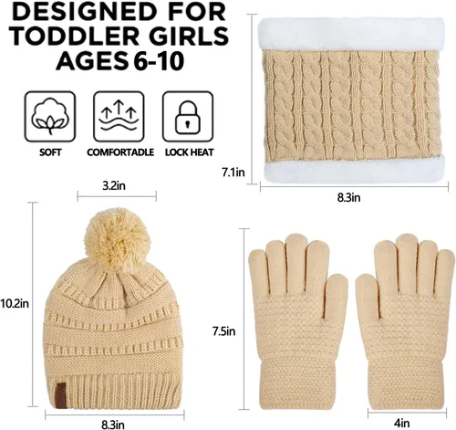 Vista 6 de Conjunto de gorro de invierno para niños, bufanda y guantes con forro polar para niñas de 1 a 5 años