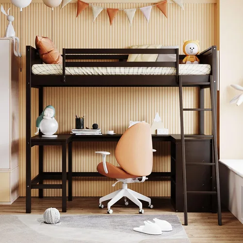 Vista 3 de Harper & Bright Designs Cama tipo loft individual con escritorio y 3 estantes, marco de cama tipo loft de madera maciza con escalera en ángulo