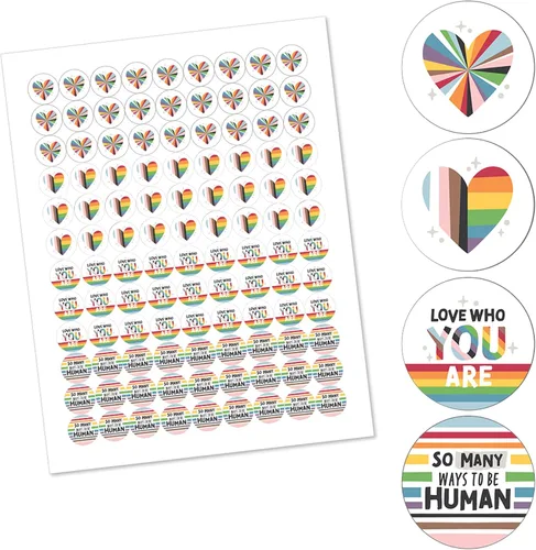 Vista 2 de Big Dot of Happiness So Many Ways to Be Human – Pride Party - Calcomanías redondas para dulces de chocolate (1 hoja de 108) Pride Rainbow Themed