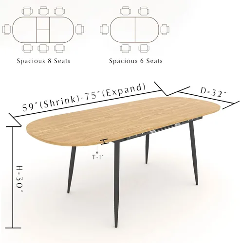 Vista 3 de Mesa de comedor extensible de 75 x 32 pulgadas, mesa ovalada de madera con patas de metal, ahorro de espacio, extensible de 59 a 75 pulgadas