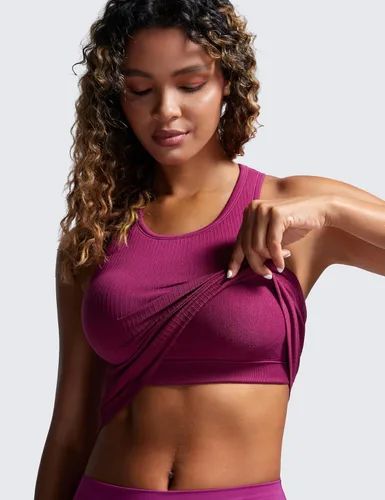 Vista 4 de CRZ YOGA Brasier deportivo de cuello alto acanalado sin costuras para mujer, espalda cruzada, acolchado, ajustado, con brasier integrado