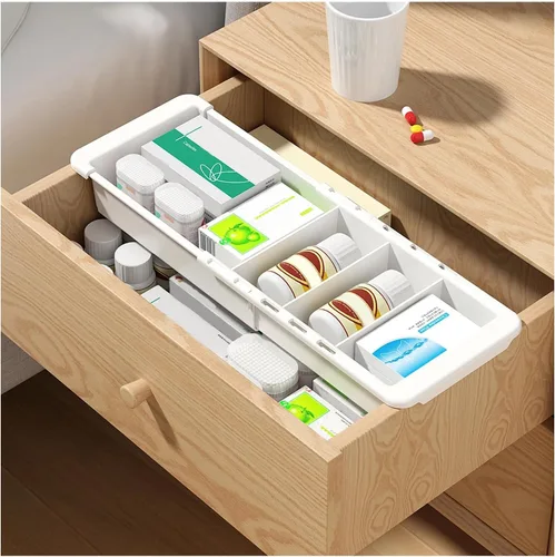 Vista 6 de Organizador de cajones de plástico para oficina, baño, dormitorio, cocina, escritorio, 1 capa más bandeja de almacenamiento blanca, expandible