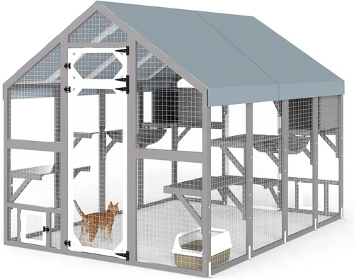 Vista 11 de Gowoodhut Recinto Exterior para Gatos Catio de 69.9"L para Múltiples Gatos, Refugio de Madera Walk In para Gatos con 2 Cajas de Descanso, 6