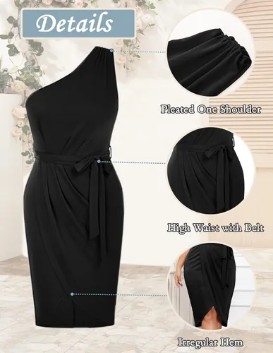 Vista 6 de Hanna Nikole Vestidos de fiesta ajustados de un hombro para mujer, talla grande, con dobladillo envolvente con purpurina, con cinturón, vestido midi