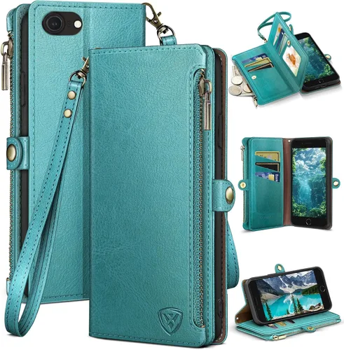 Vista 8 de XcaseBar Compatible con iPhone SE 3rd/7/8 Funda tipo cartera con cremallera y tarjetero de crédito [bloqueo RFID], funda de piel sintética con tapa