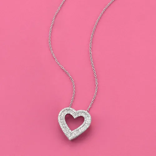 Vista 3 de Ross-Simons Collar con dije de corazón redondo de diamantes y baguette de 1.00 quilates en plata de ley
