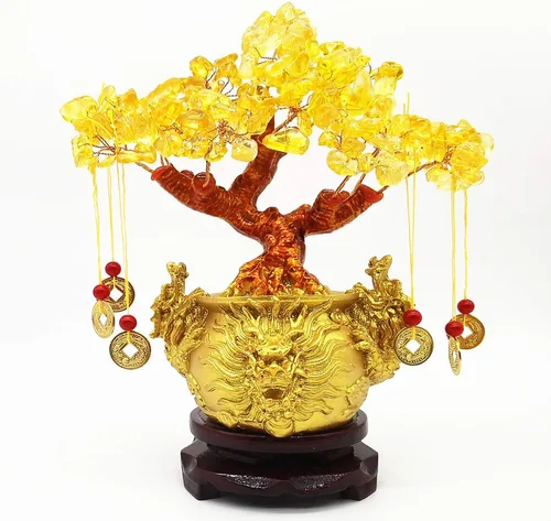 Vista 3 de Colorsheng Árbol de cristal de cuarzo amarillo Feng Shui, árbol de dinero estilo bonsái, decoración para suerte y riqueza (macetas de dragón)