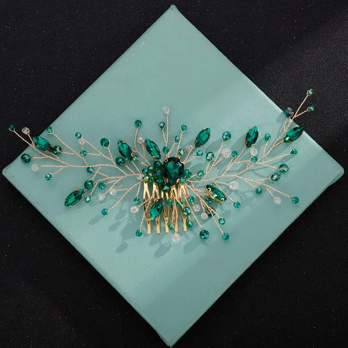Vista 3 de Aimimier Peine para el cabello de cristal verde nupcial, con diamantes de imitación esmeralda, vid de graduación, fiesta, festival, boda, accesorios