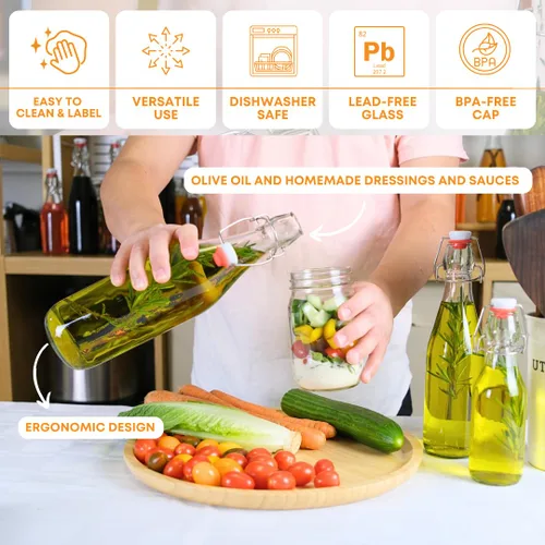 Vista 7 de FastRack Botellas de vidrio con tapa abatible de 33 onzas, paquete de 6, botellas de vidrio transparentes con tapa abatible para elaboración casera