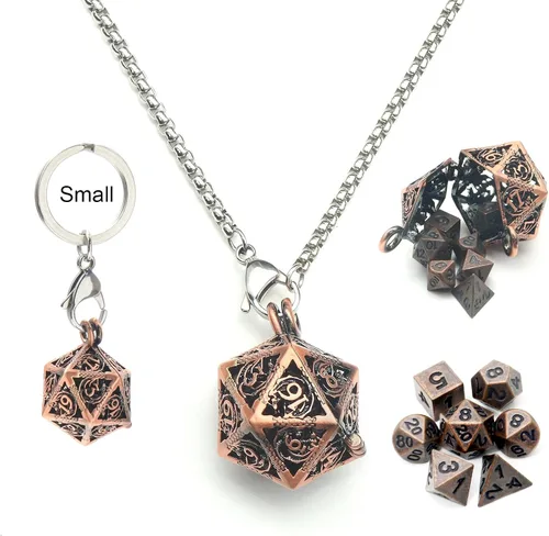 Vista 13 de Haxtec Juego Mini de Dados de Metal DND con Estuche de Collar Hueco Juego de Dados de Metal Pequeños Antiguos Juego de Llaveros D&D Portátil Juego