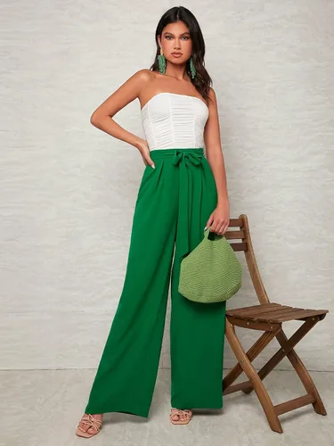 Vista 5 de Verdusa Pantalones plisados de cintura alta con cinturón y pierna ancha para mujer