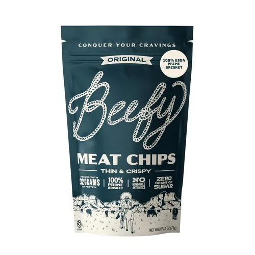 Vista 13 de BEEFY Meat Chips - Mostaza Miel - 2.5oz. 100% Prime Brisket. 13g de proteína por onza.