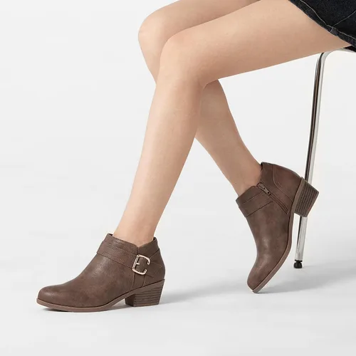Vista 6 de Athlefit Botines gruesos de tacón bajo para mujer, botines clásicos con punta puntiaguda y cremallera lateral