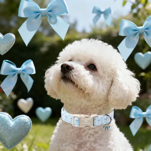 Vista 4 de MR.CHUBBYFACE· Collar de perro de San Valentín azul, lindo collar de cachorro con lazo azul, collar ajustable de algodón para mascotas con hebilla