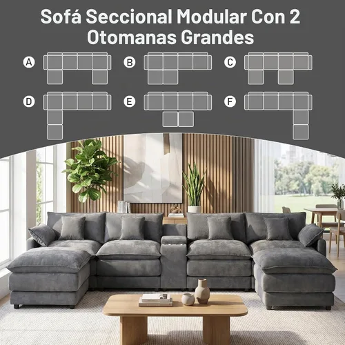 Vista 3 de Sofá modular de gran tamaño de 145 pulgadas, sofá de nube en forma de U, moderno juego de sofá de 6 asientos para sala de estar, cómodo asiento Gris