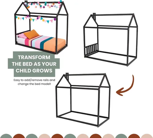 Vista 5 de Cama Montessori para niños pequeños, cama en forma de casa para niños, marco de cama con dosel, cama de piso para niños pequeños, tamaño matrimonial