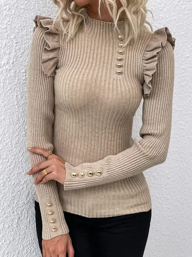 Vista 5 de SOLY HUX Women's Ribbed Knit Mock Turtleneck Sweater Ruffle Trim Slim Fit Pullover Tops