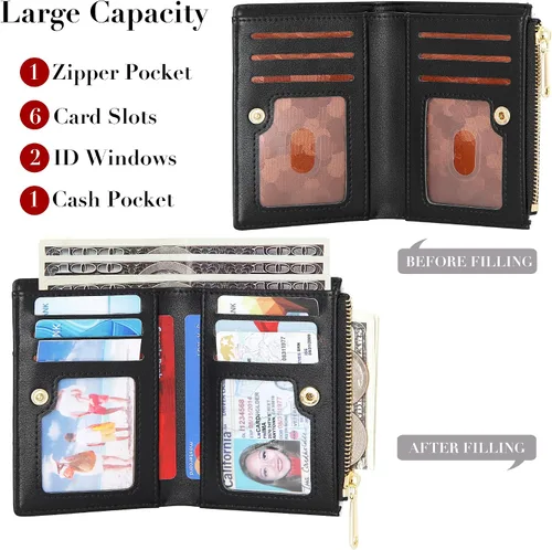 Vista 2 de OIDERY Cartera pequeña con tarjetero para mujer, billetera compacta plegable con ventana de identificación, cartera para mujer con cremallera, Negro