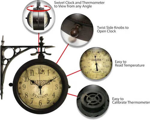 Vista 5 de Infinity Instruments Charelston - Reloj de metal para exteriores, impermeable, doble cara, estación de tren, reloj y termómetro