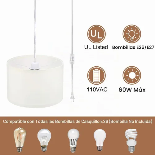 Vista 3 de PATIKIL - Lámpara colgante con enchufe, lámpara de 15 pies con cable de cuerda y interruptor de encendido/apagado, pantalla de tela de lino, enchufe