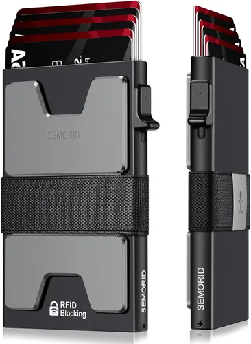 Vista 42 de Cartera delgada de aluminio para hombre, placa trasera expandible duradera, bloqueo RFID, billetera desplegable de metal minimalista, con capacidad
