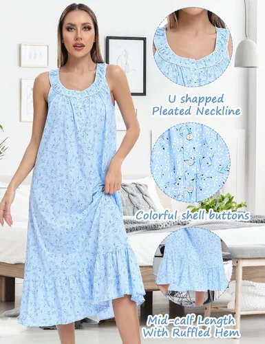 Vista 2 de IZZY + TOBY Camisones de algodón para mujer, sin mangas, suave, camisón de noche, camisón largo