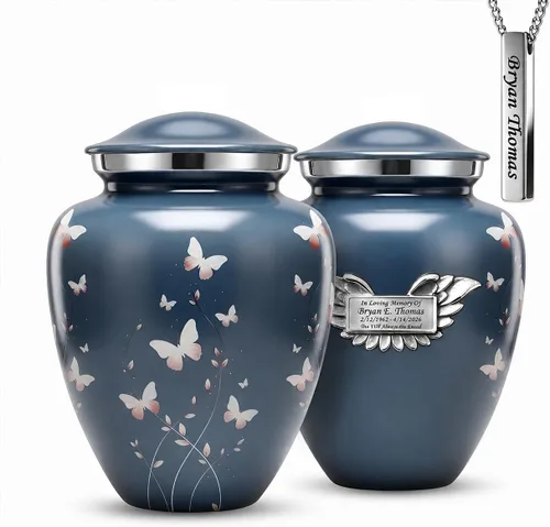 Vista 19 de Juego de 6 urnas de cremación decorativas personalizadas con diseño de mariposa azul para cenizas humanas, incluye 1 urna grande para cenizas