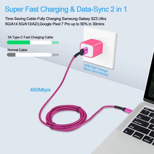 Vista 5 de Paquete de 3 cables Samsung de carga rápida USB tipo C de 10 pies para Samsung Galaxy S26 Ultra/A17 5G/A16/A56/S25FE/A15/A54/S24Plus/Z