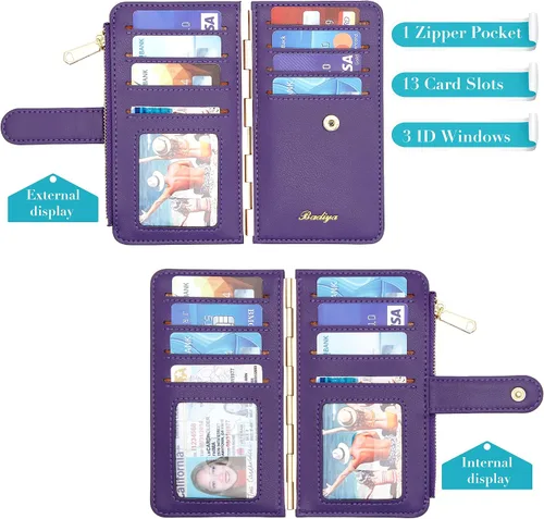 Vista 3 de Badiya Tarjetero de crédito para mujer, con bloqueo RFID, delgada, plegable, con bolsillo con cremallera y 3 ventanas para identificación, Violeta