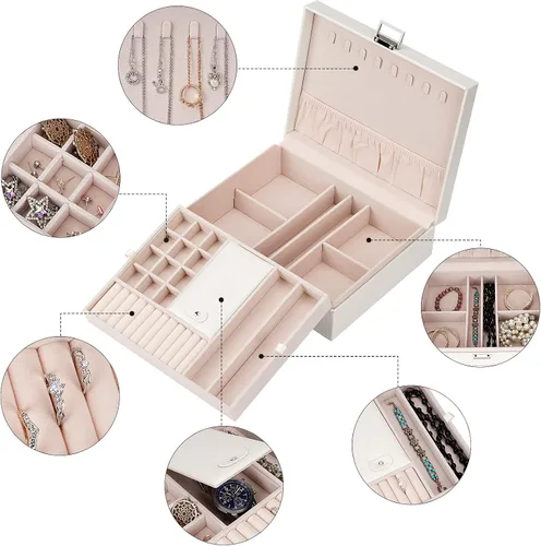 Vista 3 de Caja organizadora de joyas para niñas y mujeres, estuche de viaje grande de doble capa con caja de regalocolor blanco