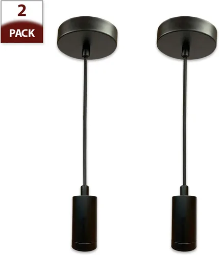 Vista 2 de Royal Designs, Inc. Juego de 2 lámparas colgantes con forma de cilindro sin llave, acabado negro con cable de tela de rayón negro, juego de 2