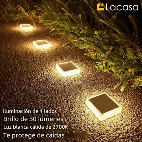 Vista 5 de Lacasa – Luces de terraza solares, paquete de 4 luces LED de 30LM para muelle, blanco cálido 2700K, luces de escalones exteriores alimentadas por