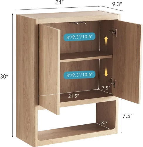 Vista 2 de VANIRROR Gabinete de pared de baño con puertas de pestillo, almacenamiento Roble natural-31