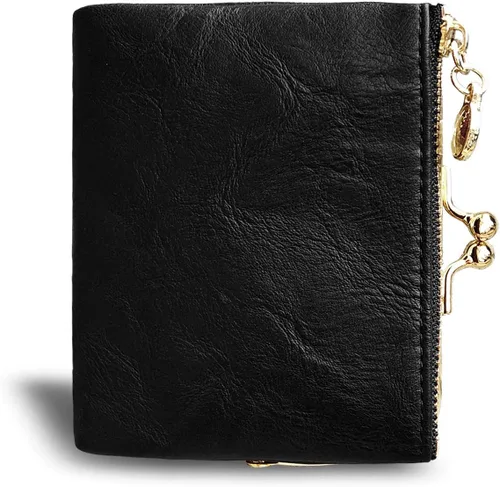 Vista 32 de AOXONEL Cartera para mujer, pequeña, Rfid, compacta, plegable, de piel, vintage, con cremallera y cierre de beso
