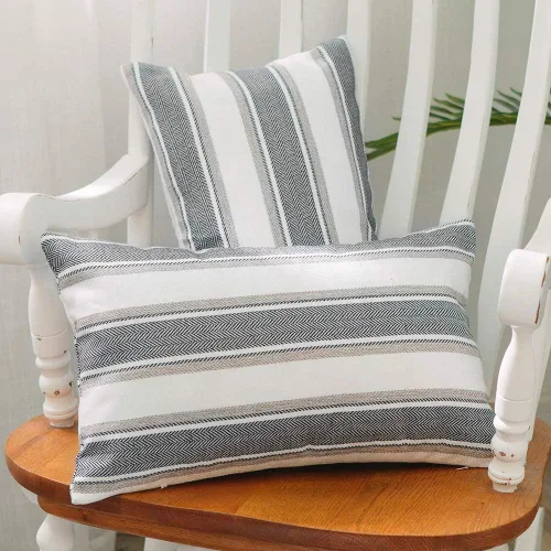 Vista 21 de Funda de almohada a rayas de lino sintético suave cuadrada decorativa con cremallera oculta para sofá, auto o dormitorio 12" x 12" Negro y blanco