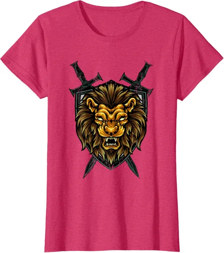Vista 7 de Camiseta con diseño de caballero medieval renacentista, con diseño de espada de león, Negro, S