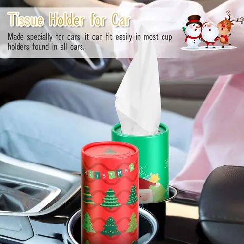 Vista 5 de Yexiya 4 piezas Portapañuelos navideño para coche con paquete de pañuelos faciales Cilindro de Navidad Cajas de pañuelos para coche Tubo redondo