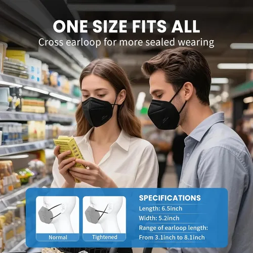 Vista 5 de Borje Mascarillas KN95, 50 unidades, envueltas individualmente, protección de 5 capas, mascarillas KN95 negras, mascarillas desechables para adultos